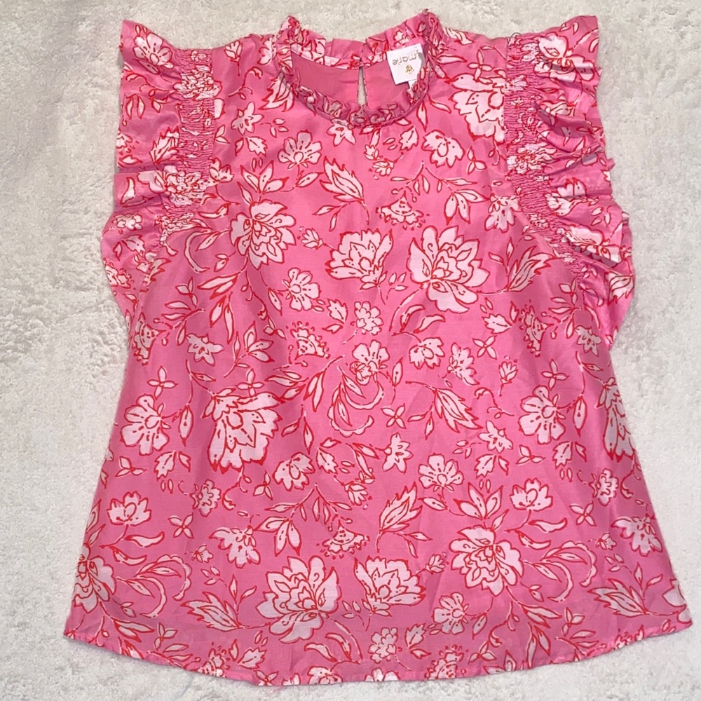 J. Marie Millie pink floral ruffle smocked sleeve top Sz XS